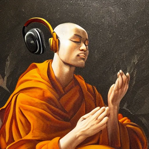 Image similar to a painting of a monk wearing headphones meditating on top of a mountain, style by joseph christian, detailed, coherence, smooth, hyper detailed, studio quality