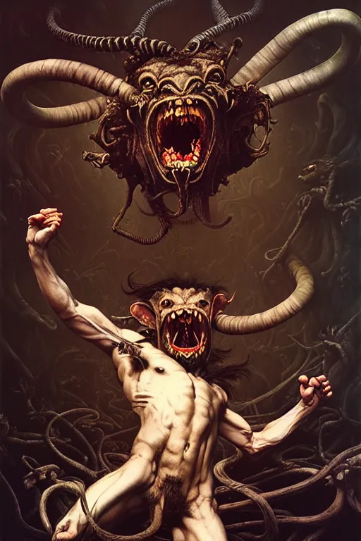 Prompt: satyr jumping and screaming by anna podedworna, ayami kojima, greg rutkowski, giger, maxim verehin