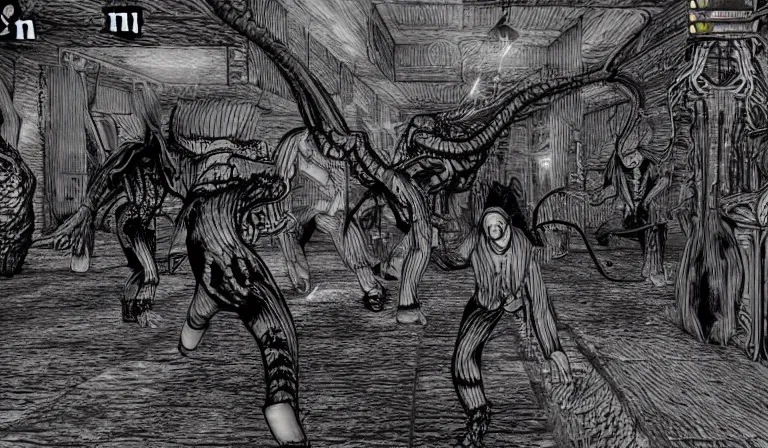 Image similar to Fighting eldritch horrors in an FPS, PC game with UI, by Junji Ito