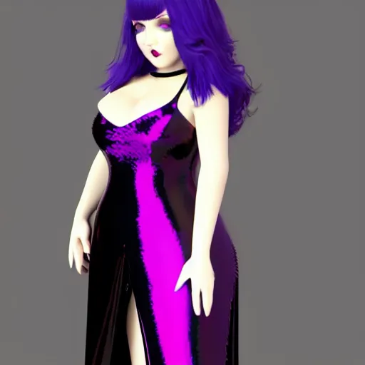 Prompt: curvy feminine hot goth cutie in a sublime elegant polished sequined black latex neck-high or tube-top floor length gown with purple accents, thin waist, cgsociety, photorealistic, comfy ambience, idealistic, 16k, smooth, sharp focus, trending on ArtStation, volumetric lighting, fully clothed, worksafe