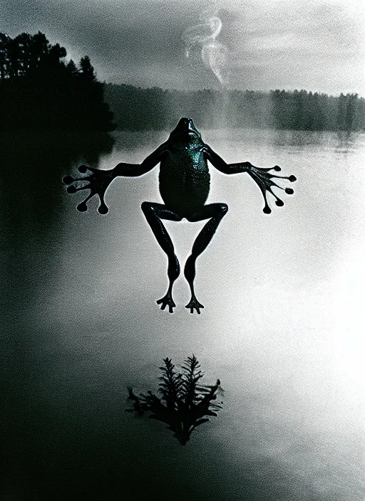 Image similar to “semitranslucent smiling frog vertically hovering over misty lake waters in jesus christ pose, low angle, long cinematic shot by Andrei Tarkovsky, paranormal, eerie, mystical”