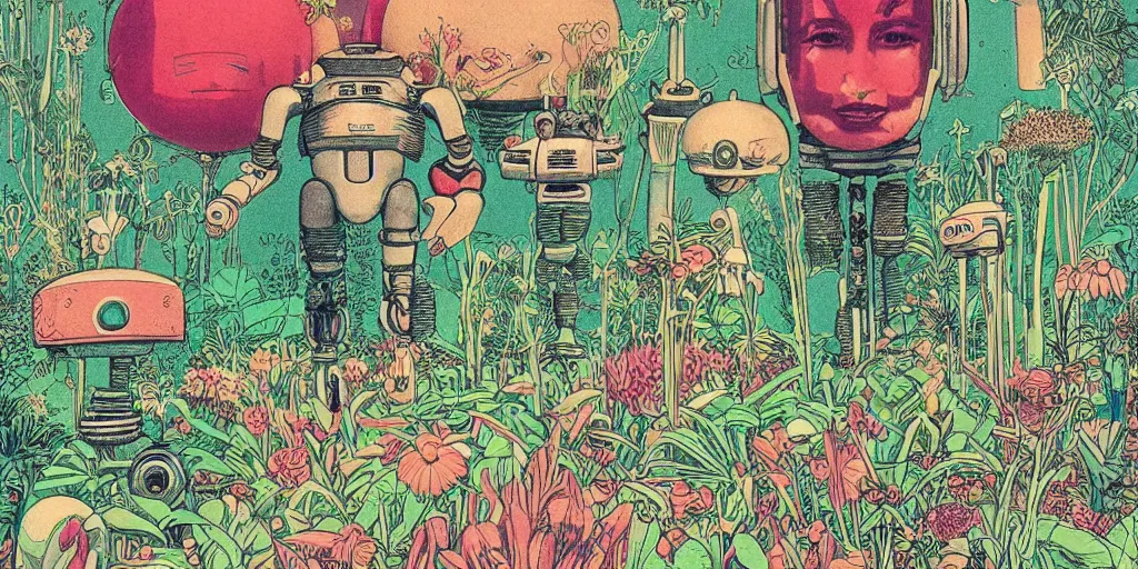 Image similar to vintage grainy scifi style, gigantic robot heads floating above the pool, tiny robots, a lot of exotic flowers and plants, risograph!!!, flat surreal design, super - detailed, a lot of tiny details, fullshot, by codex seraphinianus