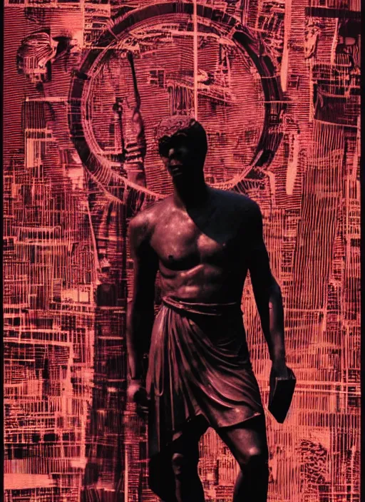 Prompt: design poster showing a statue of julius caesar, black background with very subtle red and purple design elements, powerful, nekro, laszlo moholy - nagy, graphic design, collage art, thin lines, dark, glitch art, neo vaporwave, gritty, layout frame, square, trending on artstation