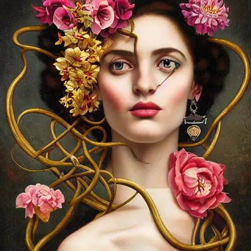 Image similar to dynamic composition, a painting of woman with hair of summer flowers and vines wearing ornate earrings,, ornate gilded details, a surrealist painting by tom bagshaw and jacek yerga and tamara de lempicka and jesse king, featured on cgsociety, pop surrealism, surrealist, dramatic lighting, wiccan, pre - raphaelite