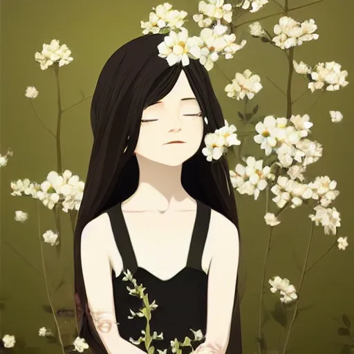 Image similar to little girl with her long black hair dressed in a simple white dress putting flowers on hair, anime art style, digital artwork made by ilya kuvshinov, inspired in balthus