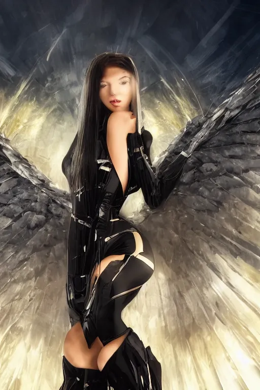 Image similar to A curly-haired girl in diamond hair with angel wings rushes into a black leather suit against the background of golden sparks, Anime, cyberpunk, gothic, dark fantasy, art, 4k,