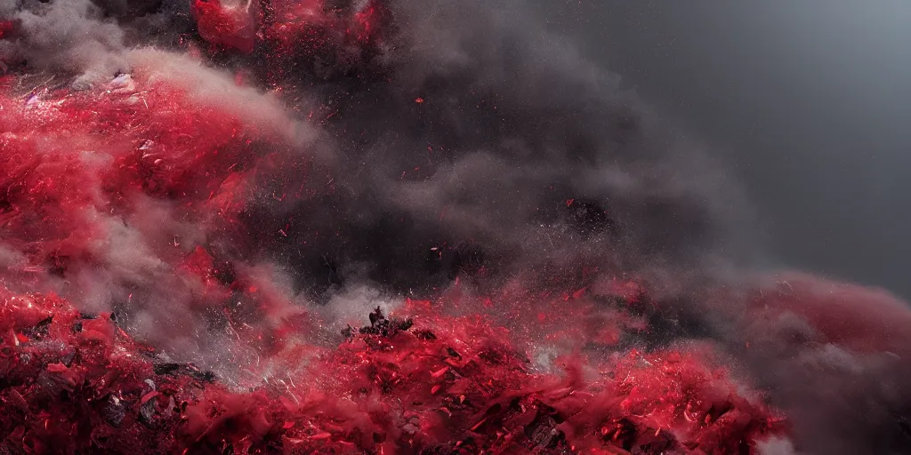 Image similar to a churning, boiling red sea with lots of smoky black and red steam, fantasy digital art, octane render, beautiful composition, trending on artstation, award-winning photograph, masterpiece