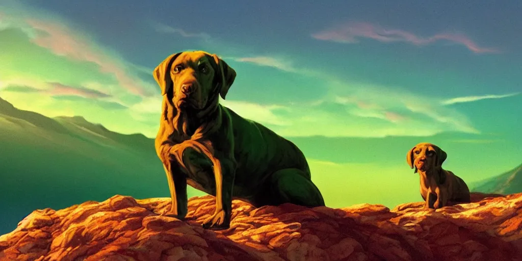 Prompt: hyperrealist, graphic novel illustration of a bulky green alien labrador retriever with shaggy green fur with green dye sitting on a hill set against a dramatic red sky at dawn, pulp 7 0's sci - fi vibes, 9 0's hannah barbara fantasy animation, cinematic, movie still, studio ghibli masterpiece