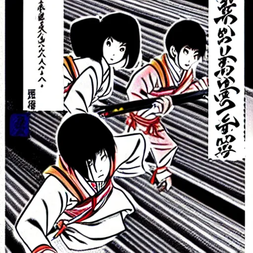 Prompt: Japanese schoolgirl runs away from Samurai with a katana on the subway by Kazuo Umezu, ultra high detailed