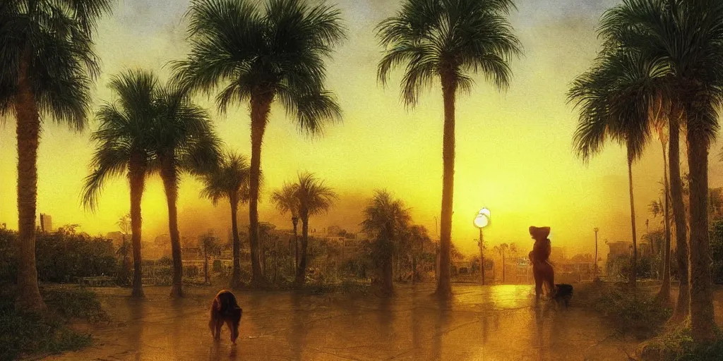 Prompt: golden retriever dog walking in tel aviv street looking at the camera. palm trees. realistic. sunset. high quality. digital art. watercolor. highly detailed. drawing. art. colorful. fluffy art by albert bierstadt