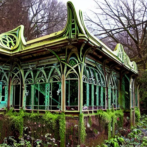 Image similar to abandoned overgrown art nouveau winter garden, epic details