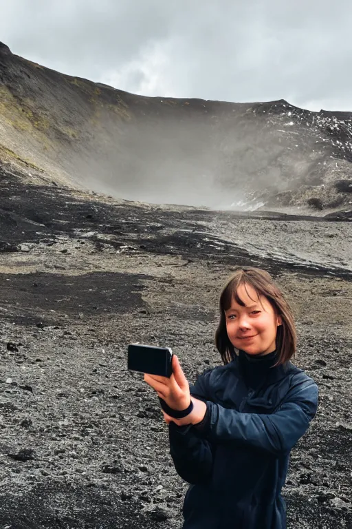 Prompt: girl taking selfie, blurred background, in front of icelandic volcano