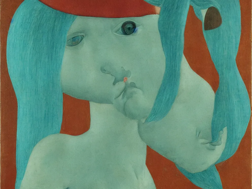 Image similar to portrait of a woman head, negative horse head with close up exotic betta fish. turquoise, malachite, cinnabar, earth brown painting by piero della francesca, balthus, agnes pelton