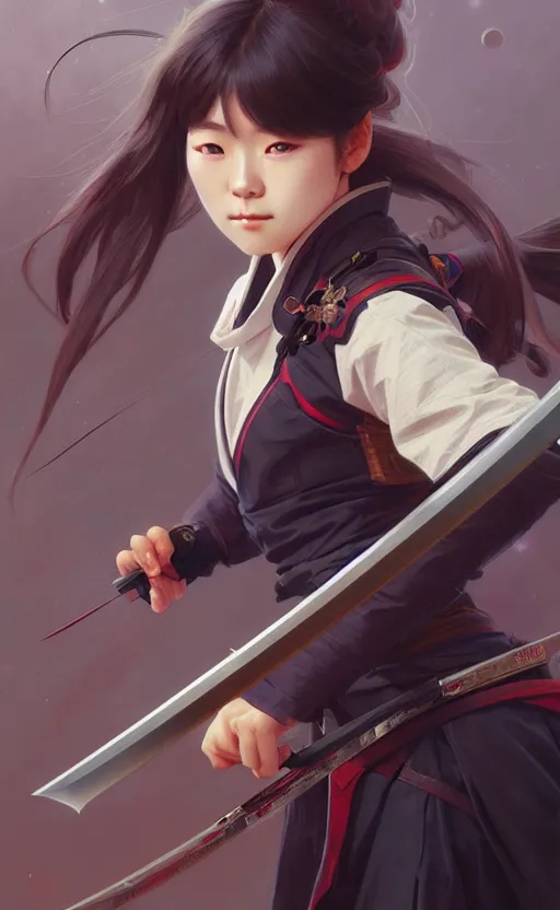 Image similar to Japanese shool girl holding a katana, sci-fi, highly detailed, digital painting, artstation, concept art, smooth, sharp focus, illustration, art by artgerm and greg rutkowski and alphonse mucha