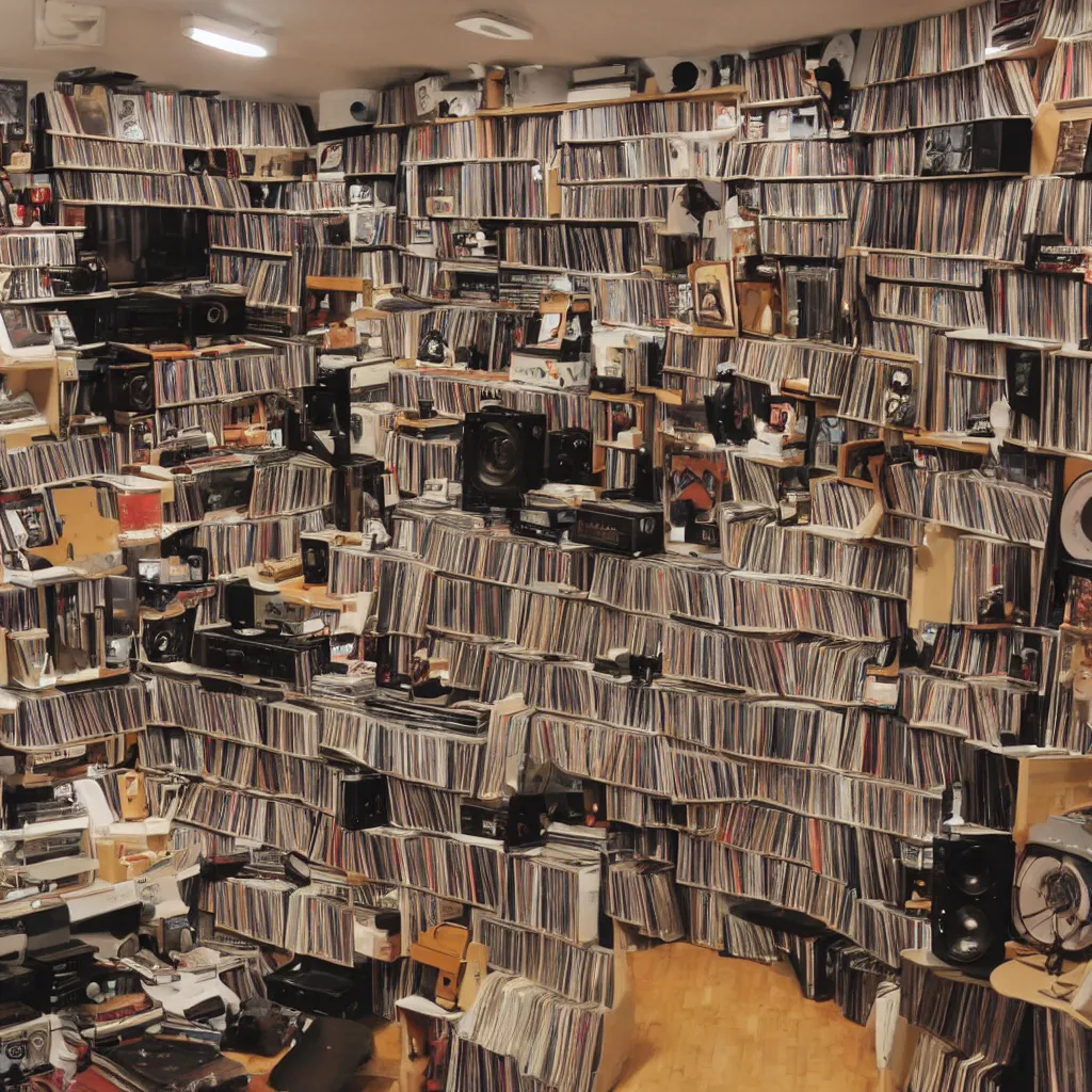 Prompt: cozy music shop, anime style, floor to ceiling shelves of vinyl LP records, large speakers and hifi equipment