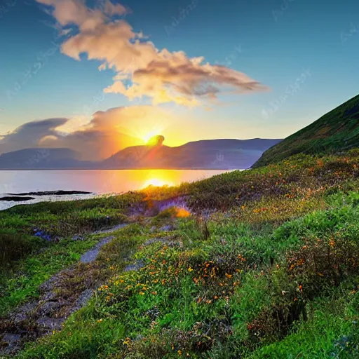 Prompt: overgrown norwegian village at the coast, sunset, arctic, beautiful, impressionist art