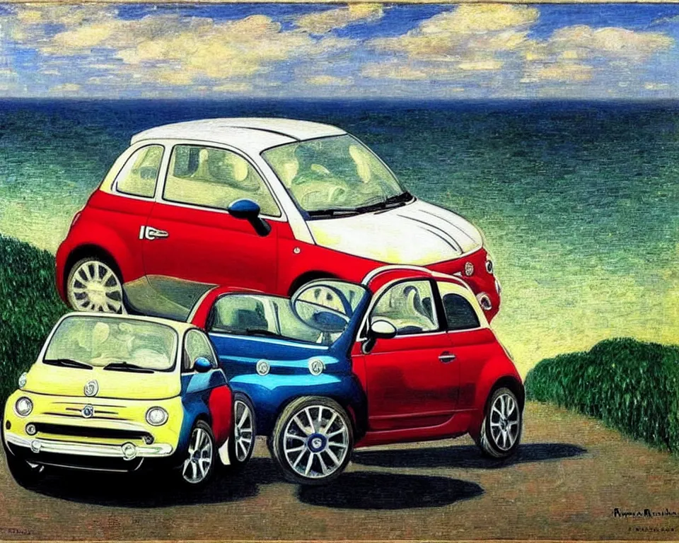 Prompt: achingly beautiful painting of a 2 0 1 3 fiat 5 0 0 abarth by rene magritte, monet, and turner. whimsical.