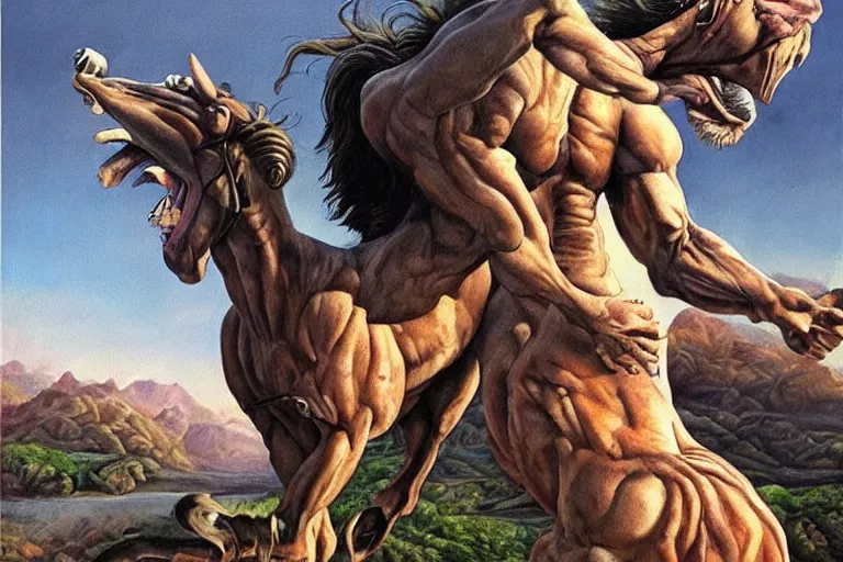 Image similar to beautiful lifelike painting of a centaur centaur centaur chimera tom cruise torso, majestic cinematic, hyperreal detailed facial features and uv lighting, art by ed roth and basil wolverton