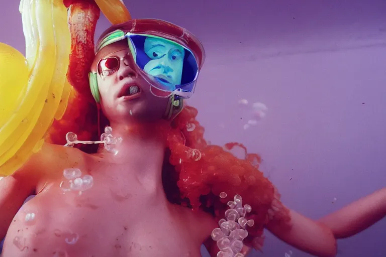 Prompt: closeup view of a Ukrainian lush female jellyfish human hybrid wearing vacuum tube amp roman armor and visor shades and tube amp necklace, inside of an underwater convenience store with floating candy, outline of large submarine underwater in the distance, ektachrome color photograph, volumetric lighting, off-camera flash, 24mm f8 aperture