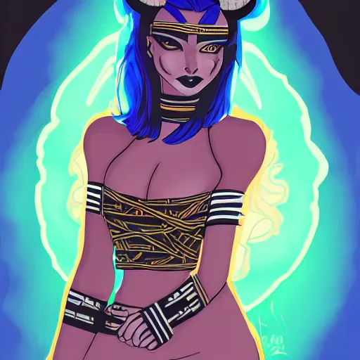 Image similar to illustrated portrait of ram-horned devil woman with blue bob hairstyle and hex #FFA500 colored skin and with solid black eyes wearing leather by rossdraws