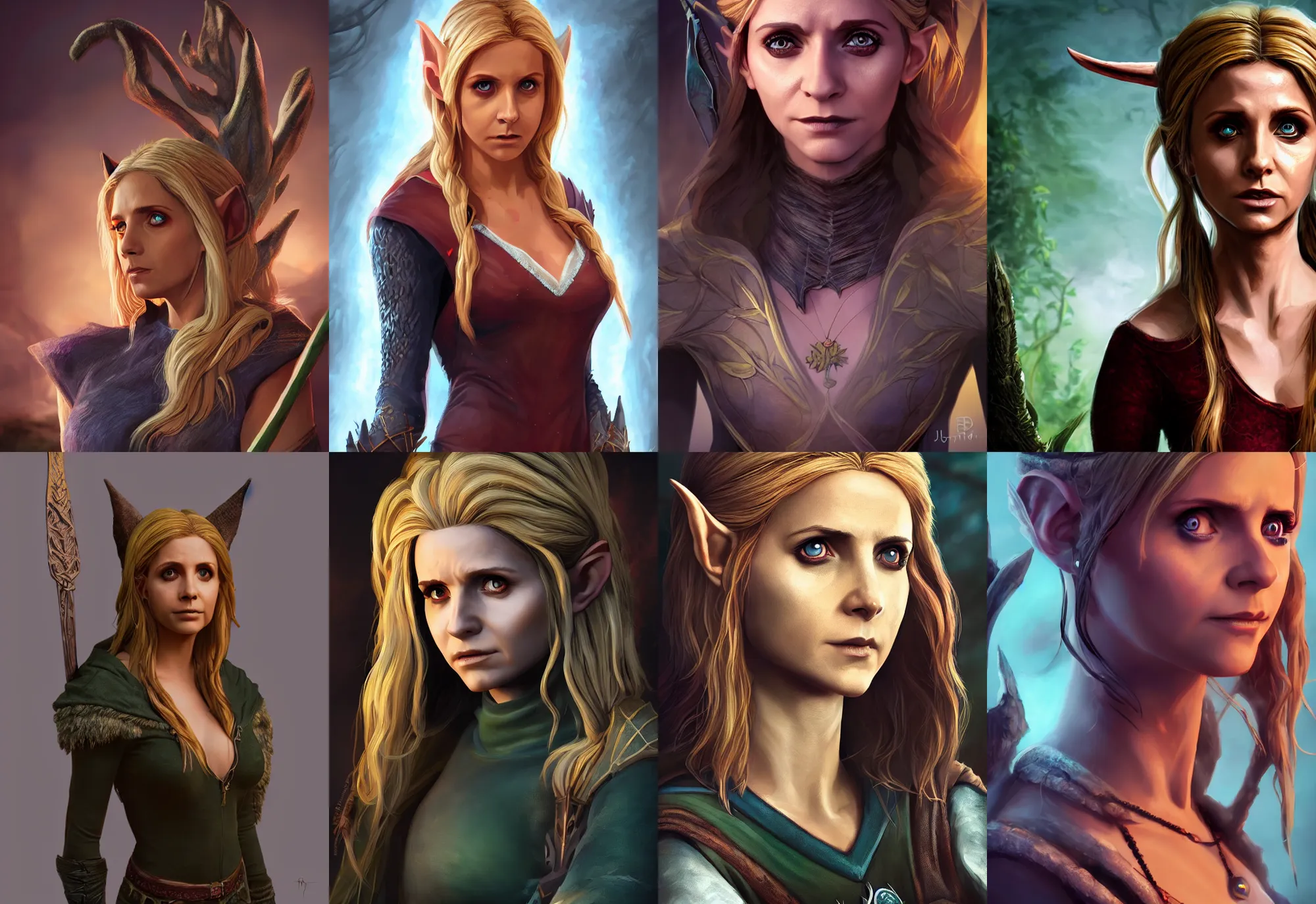 Prompt: A fantasy comic book style portrait painting of buffy the vampire slayer as a elven druid, unreal 5, DAZ, hyperrealistic, octane render, RPG portrait, dynamic lighting