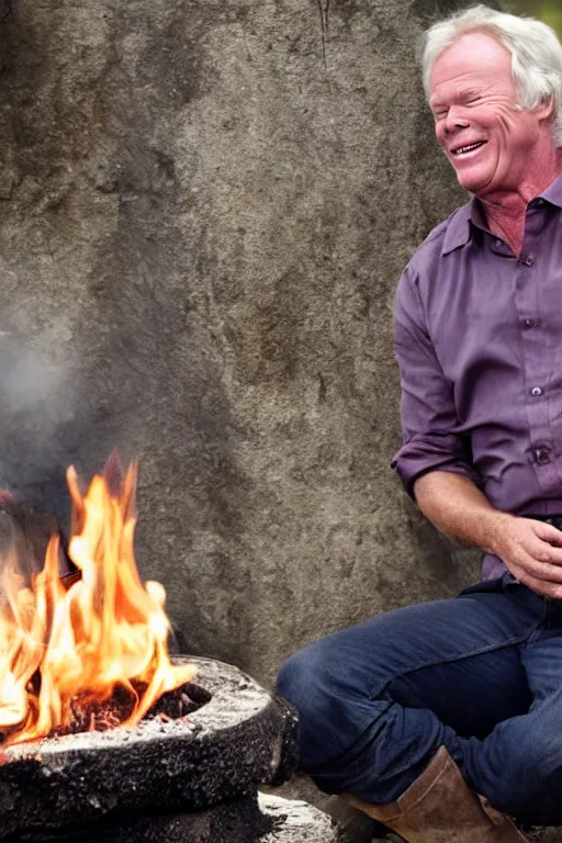 Prompt: kevin tighe floating above a fire laughing