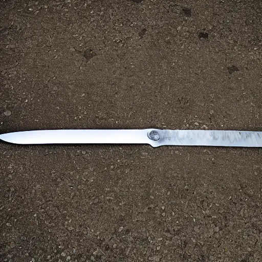 Prompt: medium shot of a sword on the ground. ( museum picture, 4 k )