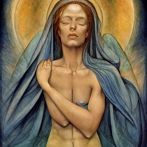 Prompt: most beautiful stabat mater, silk brethren, azure milieu of desert of reality, in the style of william blake, terese nielsen, detailed, intricate, beautiful faces, steve argyle, pastoral fantastic reality