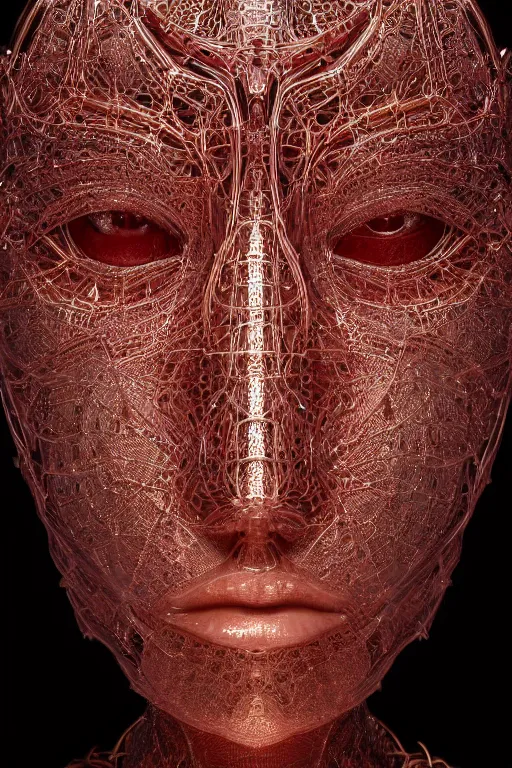 Prompt: intricate image of a complex robotic human face, liquid simulation background, dramatic lighting, silver gold red details, hexagonal mesh wire, filigree intricate details, cinematic, fleshy musculature, elegant, octane render, 8k post-processing, by Yoshitaka Amano, Daytoner, Greg Tocchini