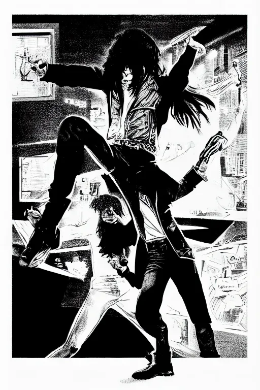 Image similar to michael jackson dancing, a page from cyberpunk 2 0 2 0, style of paolo parente, style of mike jackson, adam smasher, johnny silverhand, 1 9 9 0 s comic book style, white background, ink drawing, black and white