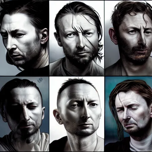 Prompt: hyper realistic portrait of cleanshaven thom yorke short haired variations singer songwriter ok computer, ( side ) profile, liminal space, by lee bermejo, alphonse mucha and greg rutkowski