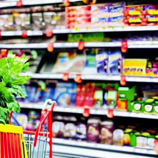 Prompt: a cat shopping for groceries at a supermarket, photorealistic, high detail