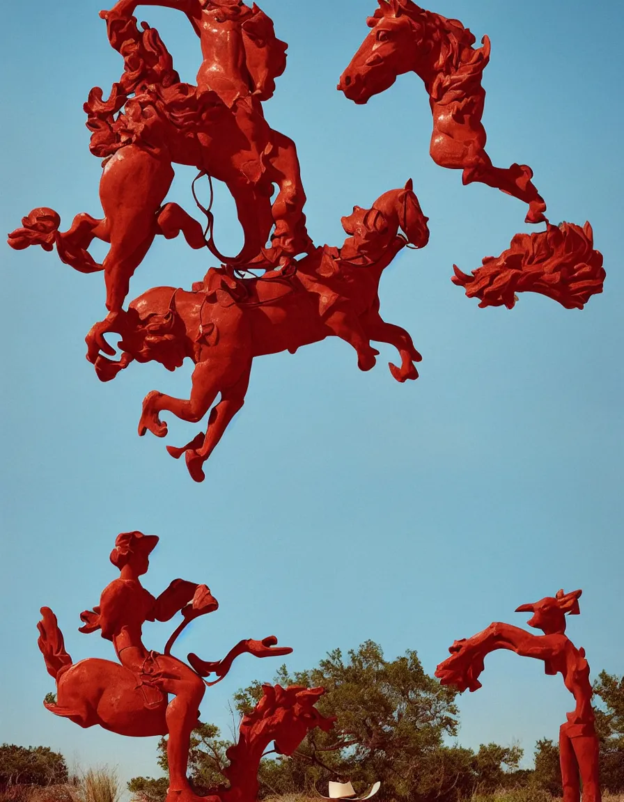 Image similar to a cowboy turning into blooms by slim aarons, by zhang kechun, by lynda benglis. tropical sea slugs, angular sharp tractor tires. complementary colors. warm soft volumetric light. national geographic. 8 k, rendered in octane, smooth gradients. manly cowboy riding a horse sculpture by antonio canova. red accents.