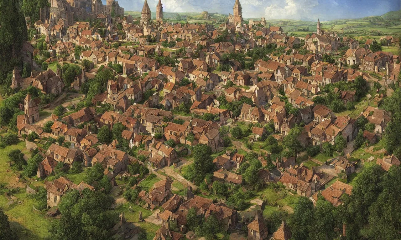 Prompt: beautiful medieval village with a few houses and farms, digital art by James Gurney and John Howe and Alan Lee