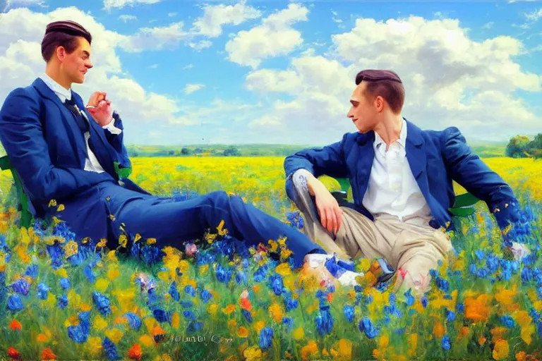 Prompt: 2 attractive men sitting on a coach in flower field, blue sky with clouds, painting by vladimir volegov, j. c. leyendecker, tom of finland, trending on artstation