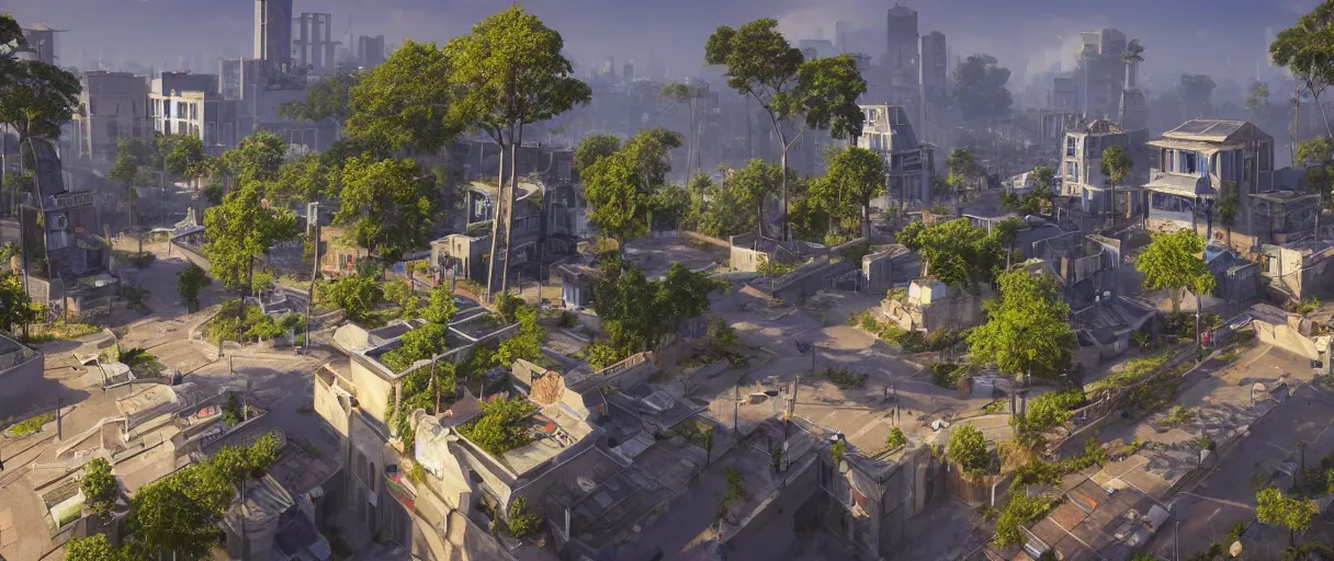 Image similar to a wide shot of a solarpunk city, with houses, pavements, bridges, trees, plants, beautiful, stunning, serene, volumetric light, volumetric clouds, photography, color, intricate, extremely detailed, photorealistic, unreal engine 5