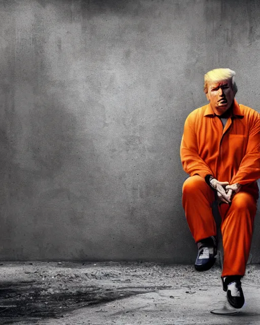 Image similar to a head and shoulders portrait of Donald trump wearing a orange jumpsuit, sitting on the floor of a filthy rat infested concrete jail, dimly lit, volumetric lighting, in jail by craig mullins and Annie Leibowitz, octane, 8k,