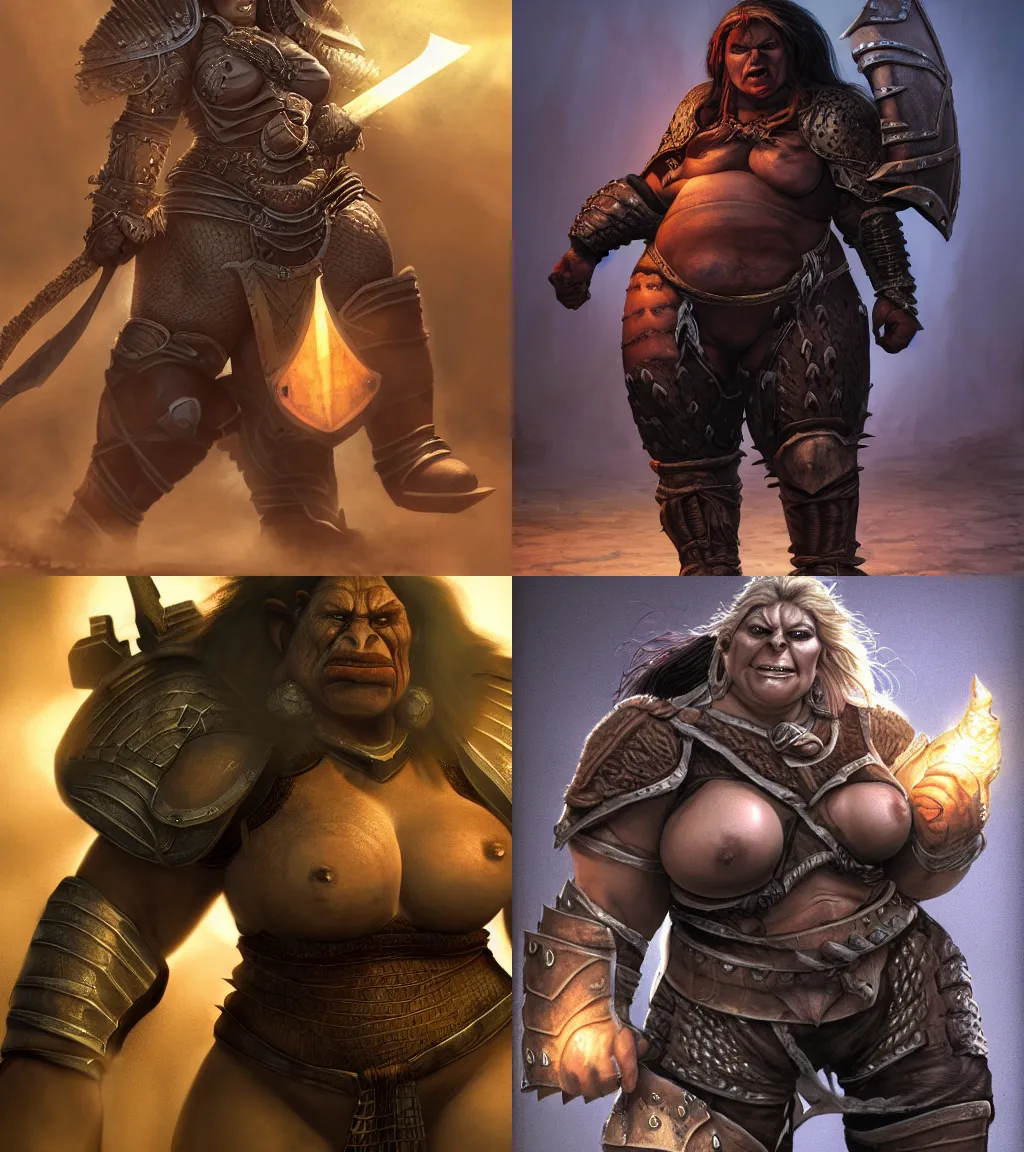 Prompt: a large female orc woman wearing leather armor in a siege | dungeons and dragons | hyperrealistic |volumetric lighting | style of larry elmore | big fat strong orc woman |