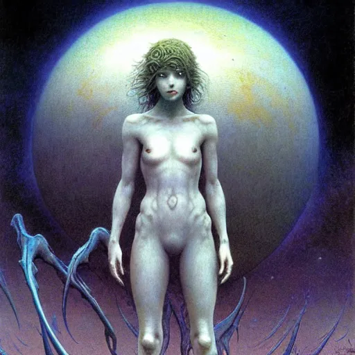 Image similar to cute young vampire tomboy girl with short short short dark hairs on lovecraftian planet by jean delville by luis royo and wayne barlowe, beksinski