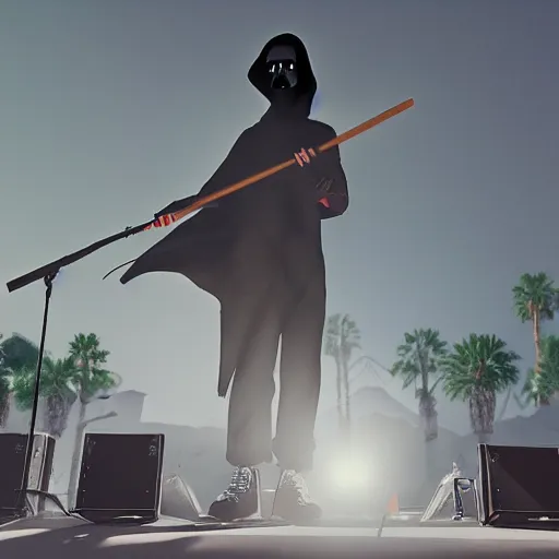 Image similar to the grim reaper playing live at coachella, live on stage, photorealism,