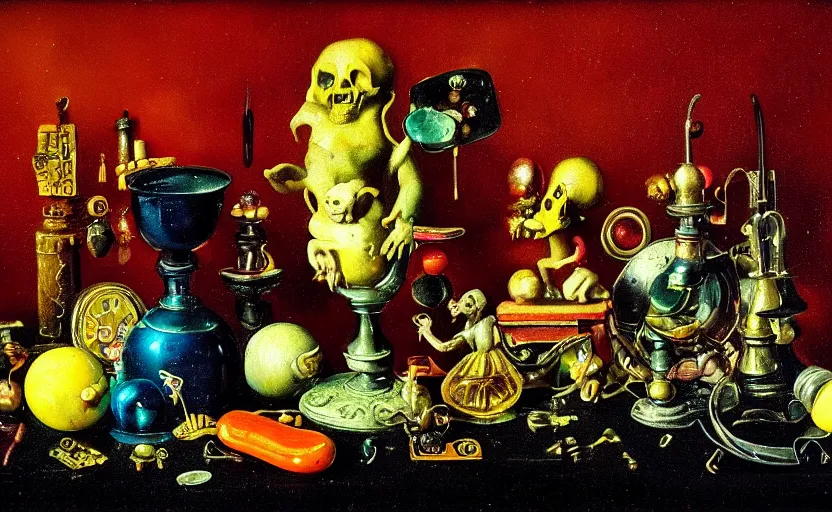 Prompt: disturbing colorful oil painting dark background dutch golden age vanitas still life vintage toys beautiful composition with bizarre objects strange surfaces shiny metal reflections bizarre lights rachel ruysch dali todd schorr very detailed perfect composition rule of thirds masterpiece canon 5 0 mm, cinematic lighting, photography, retro, film, kodachrome