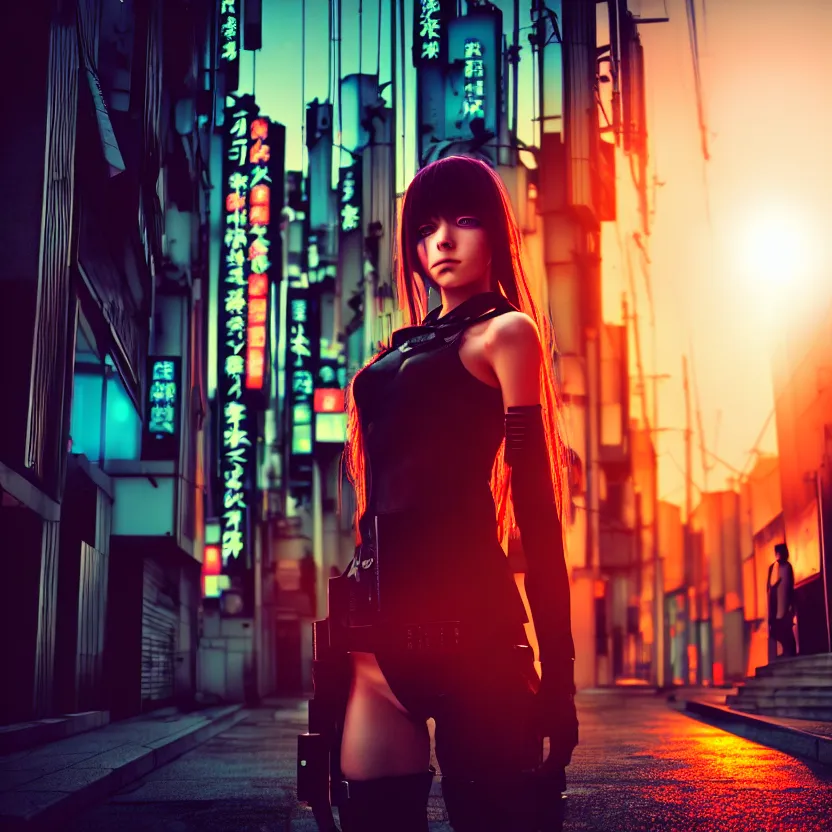 Image similar to a photo close up cyberpunk cyborg girl stands in a cyberpunk hiroshima, prefecture streets, sunset, photorealistic, cinematic lighting, very detailed, style by tomino - sama