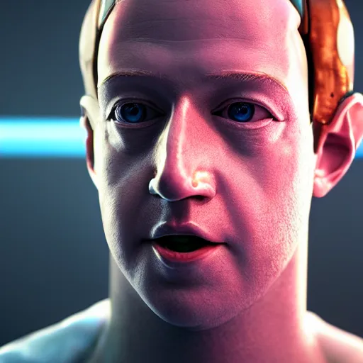 Image similar to Mark Zuckerberg as a creepy futuristic Robot from Black Mirror, hyperrealistic, highly detailed, depth of field, High definition, 8k, octane render, artstation