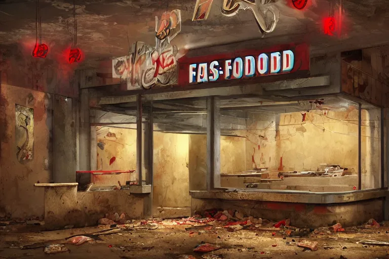 Image similar to the abandoned fast food restaurant of the dead, demons, hell, artstation