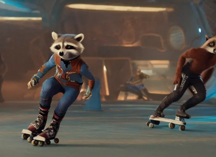 Image similar to film still of Rocket Racoon roller skating at a roller rink in the new Guardians of the Galaxy movie, 4k