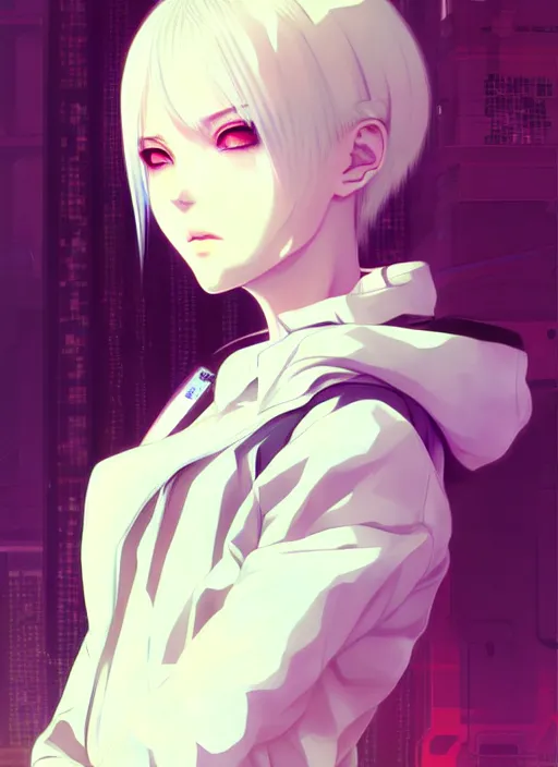 Image similar to portrait Anime girl cyberpunk, cute-fine-face, white-hair pretty face, realistic shaded Perfect face, fine details. Anime, cyberpunk. realistic shaded lighting by Ilya Kuvshinov and Gustav Klimt