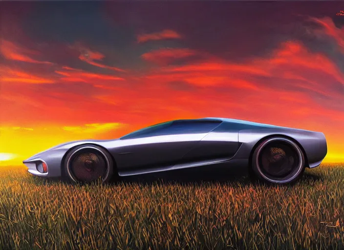 Image similar to cinematic fast futuristic sportscar in a lush field, shiny, oil on canvas, beautiful lighting, photorealistic, sharp, sunset, by scott robertson