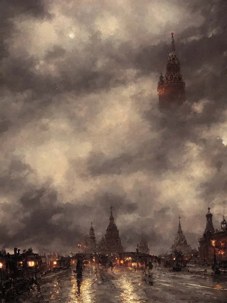 Image similar to russian revolution 1 9 1 0, evening, after the storm, ominous, steampunk, by rozalski and stanton kenton, artstation