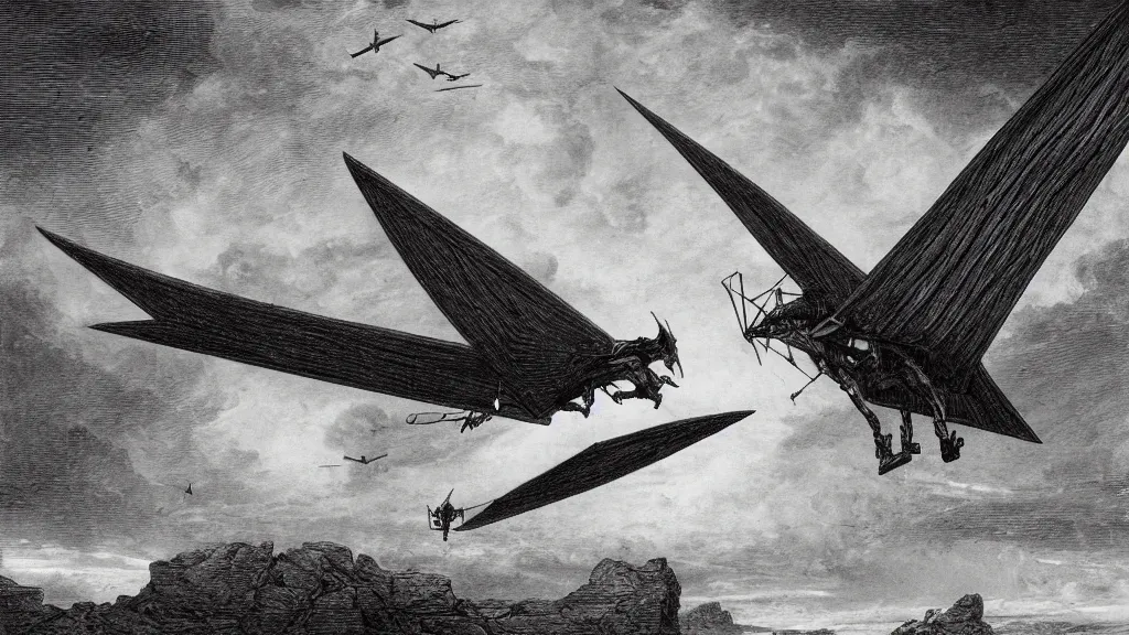 Image similar to drawing of an ornithopter flying toward a desert storm, by gustave dore, nineteenth century, black and white, vintage, science fiction, epic composition, dramatic lighting, highly detailed, cinematic