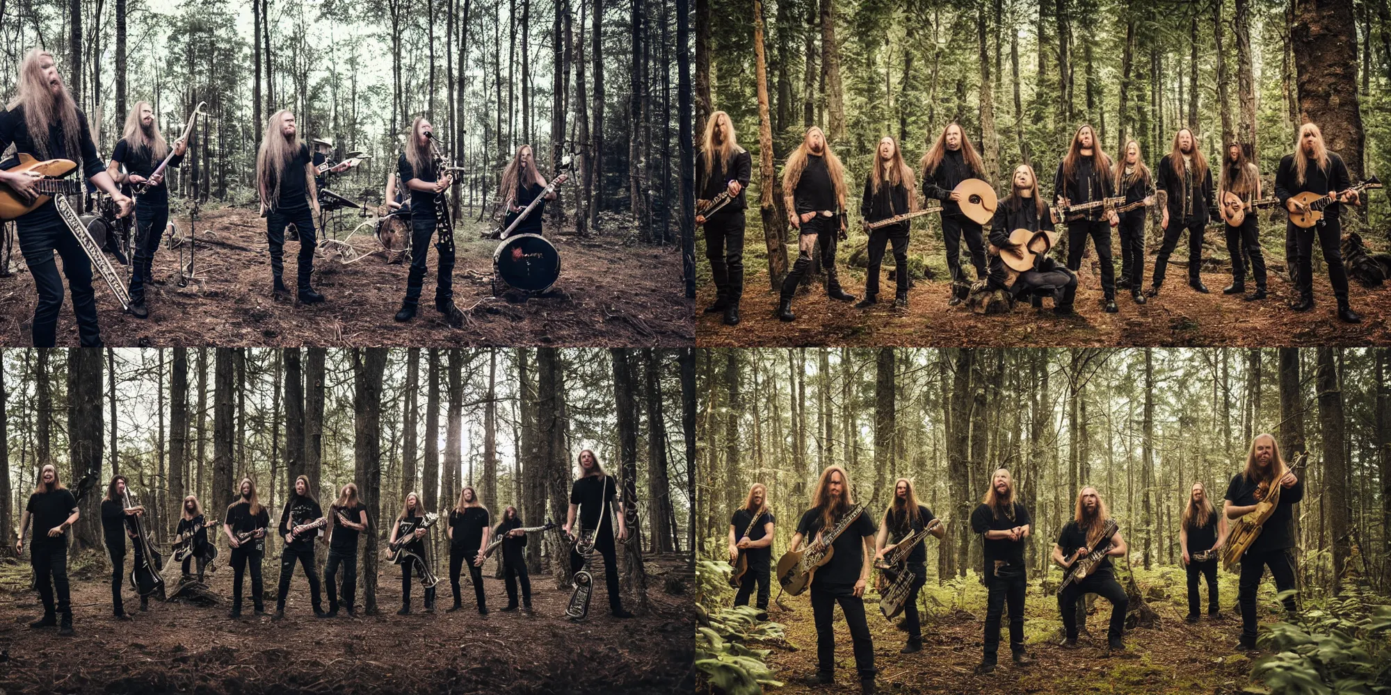 Prompt: scandinavian metal band playing music in the forest, natural lighting, photography, long shot, high quality, highly detailed, 4 k,
